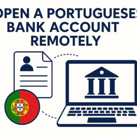 Illustration showing how to open a Portuguese bank account remotely, with a laptop displaying a bank icon, a document icon, and the Portuguese flag
