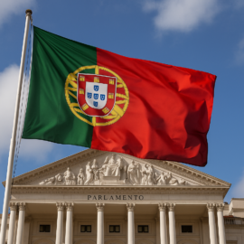 Portuguese flag waving in front of the national parliament building, featuring neoclassical columns and sculptures under a clear blue sky.