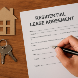 Hand signing a residential lease agreement with house keys and a paper house on a wooden table.