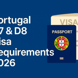 Illustration showing a Portugal passport with a visa document behind it and the text “Portugal D7 & D8 Visa Requirements 2026” on a blue background.
