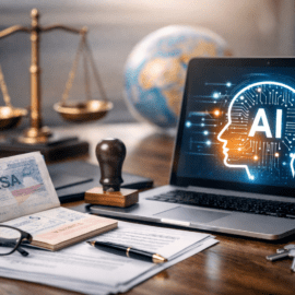 Laptop displaying an AI interface beside a passport, visa documents, and legal scales on a desk, symbolizing technology and immigration law.