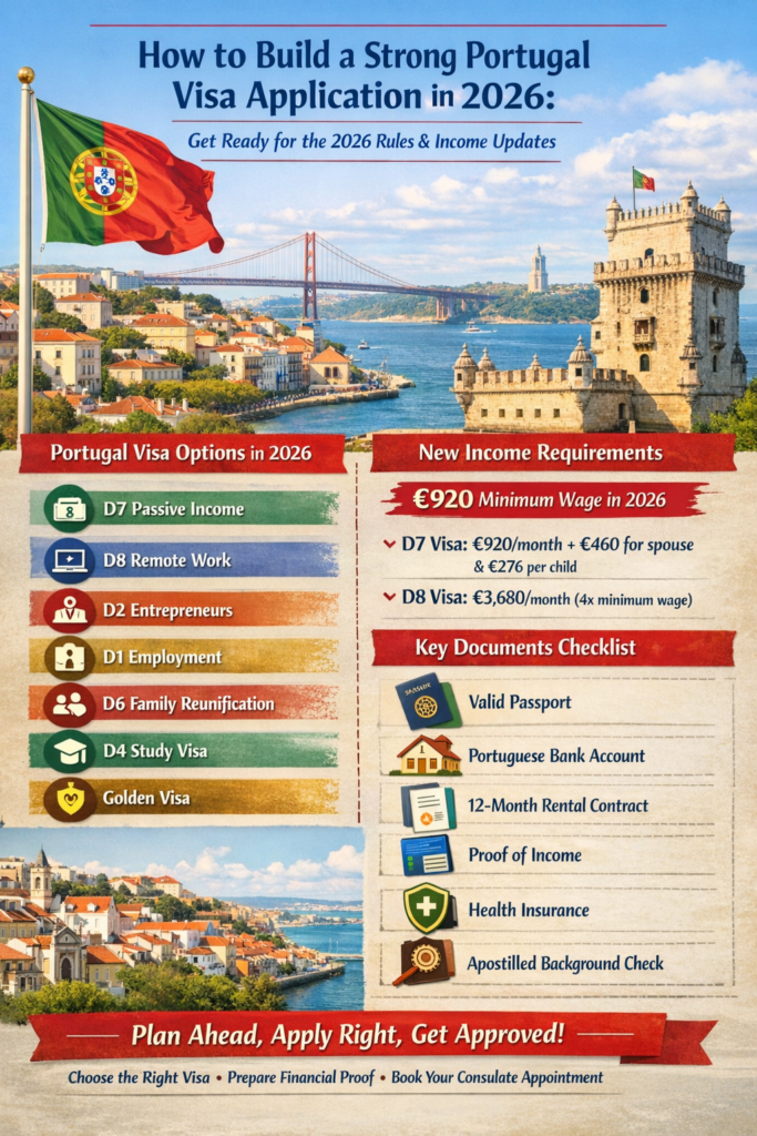 Portugal visa application 2026 infographic - visa types, income requirements and document checklist