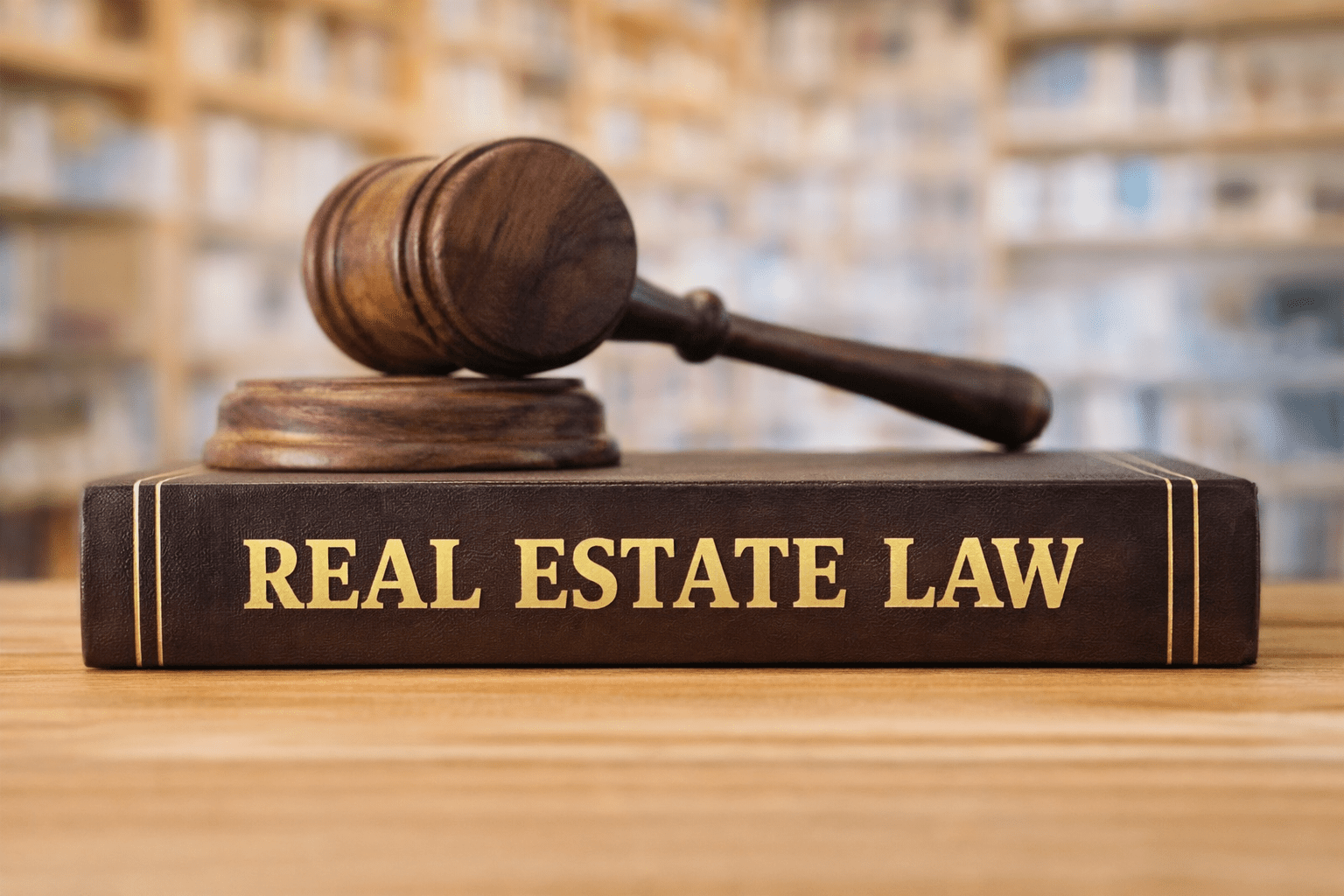 Real estate law book with judge’s gavel on top, resting on a wooden desk with blurred bookshelves in the background.